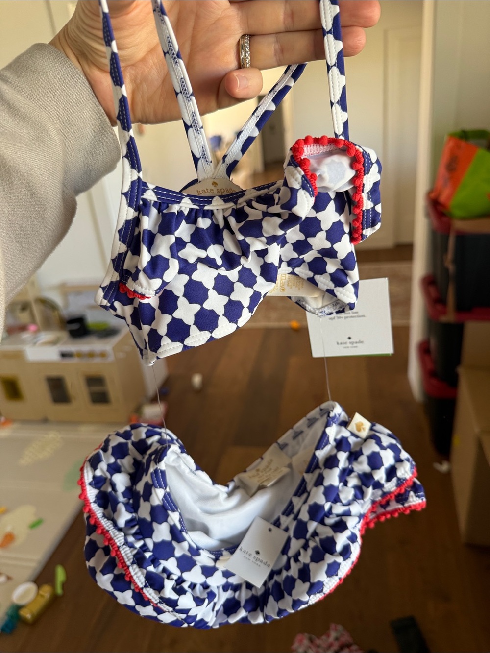 kate spade Navy & White Girls' Two-Piece Swim Set with Red Trim